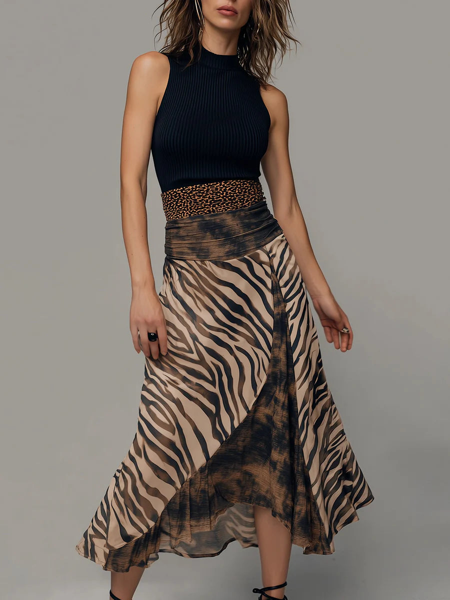 Stylish Casual Dresses for Women with Mock Neck Sleeveless Ribbed Top Zebra Print Patchwork Midi Style