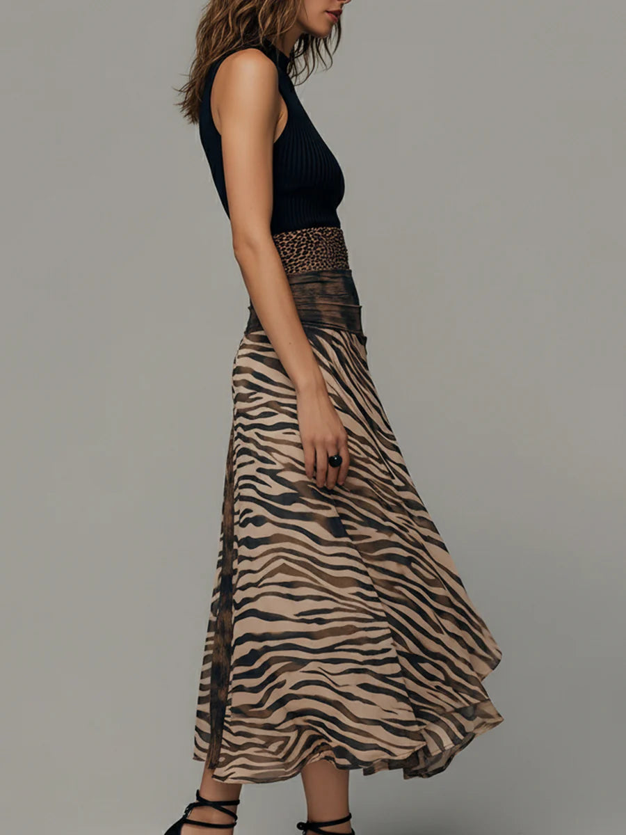 Stylish Casual Dresses for Women with Mock Neck Sleeveless Ribbed Top Zebra Print Patchwork Midi Style
