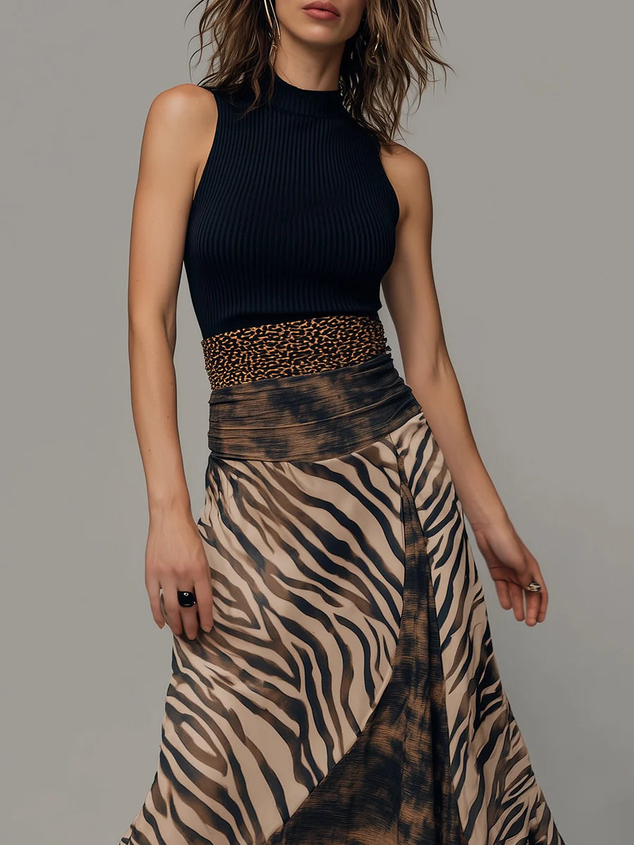 Stylish Casual Dresses for Women with Mock Neck Sleeveless Ribbed Top Zebra Print Patchwork Midi Style