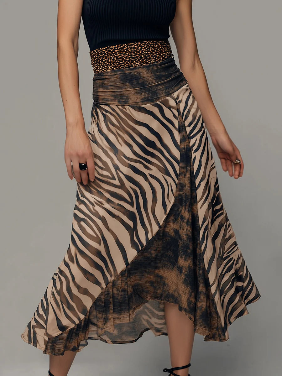 Stylish Casual Dresses for Women with Mock Neck Sleeveless Ribbed Top Zebra Print Patchwork Midi Style