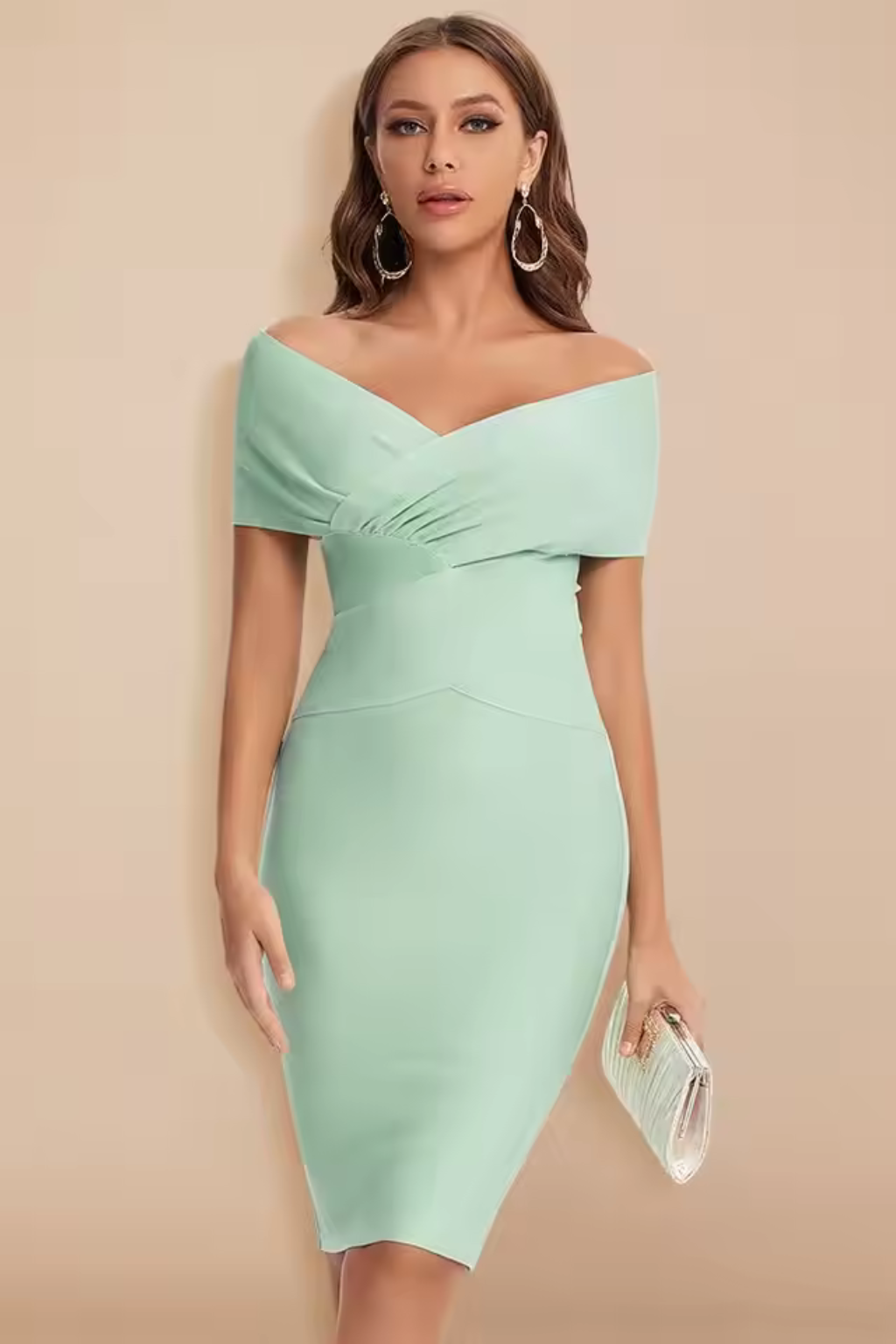 Elegant Formal Wedding Guest Dress for Women with Off Shoulder V-Neck Ruched Bodycon Midi Style