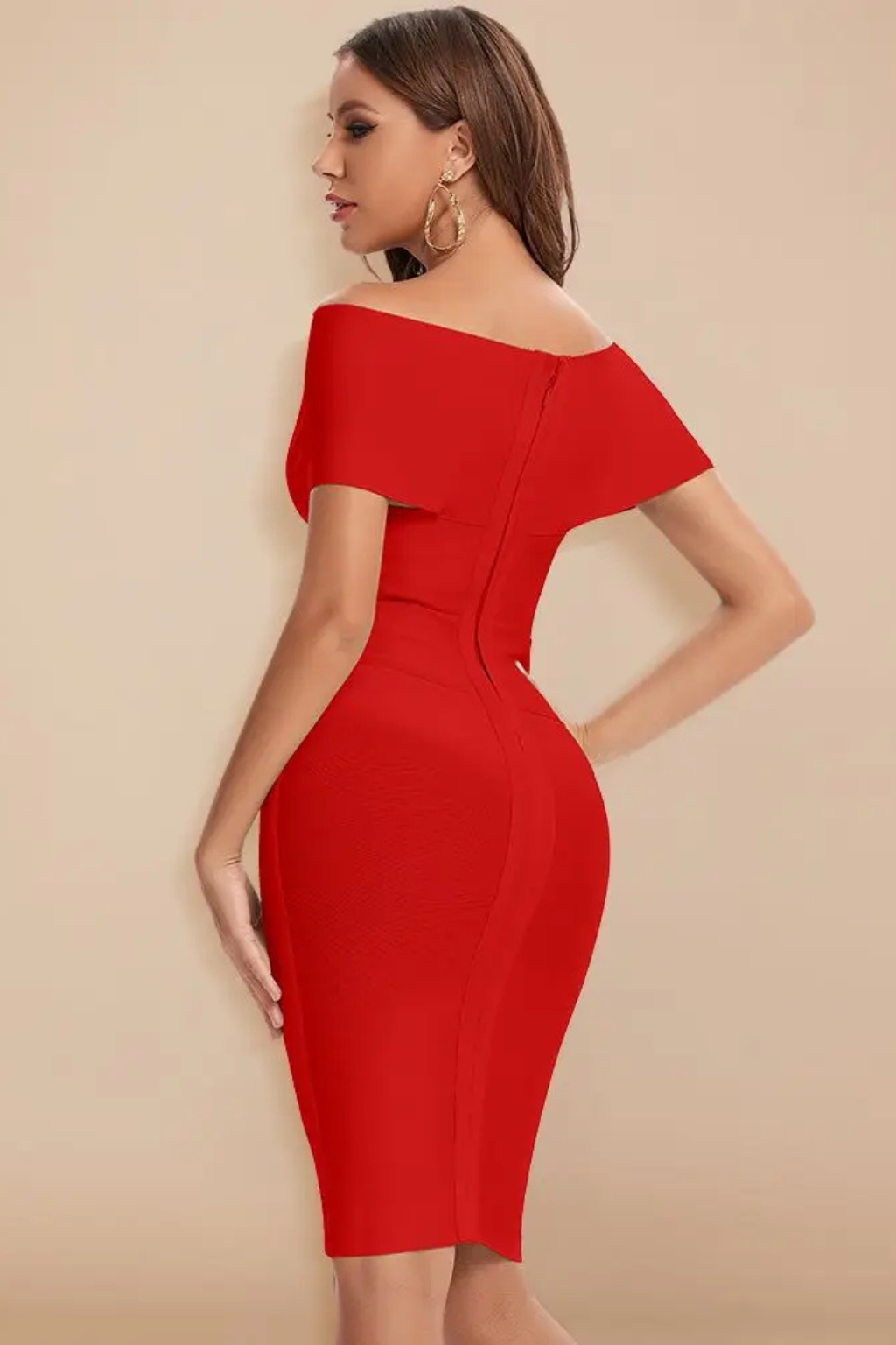 Elegant Formal Wedding Guest Dress for Women with Off Shoulder V-Neck Ruched Bodycon Midi Style