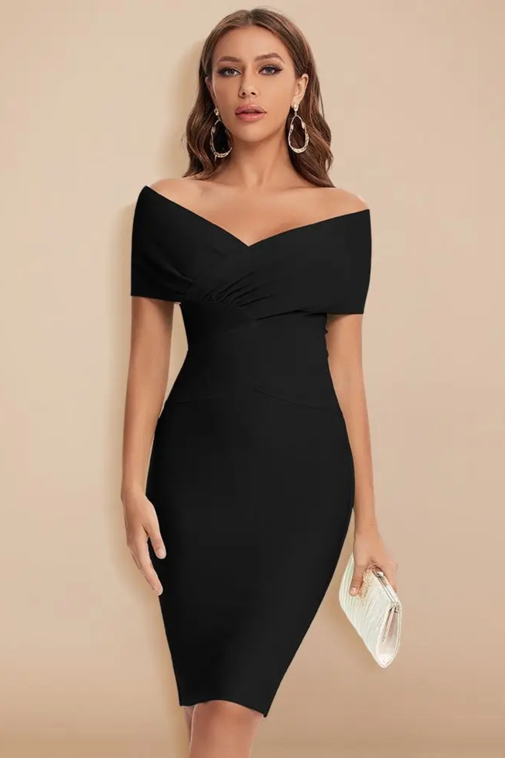 Elegant Formal Wedding Guest Dress for Women with Off Shoulder V-Neck Ruched Bodycon Midi Style