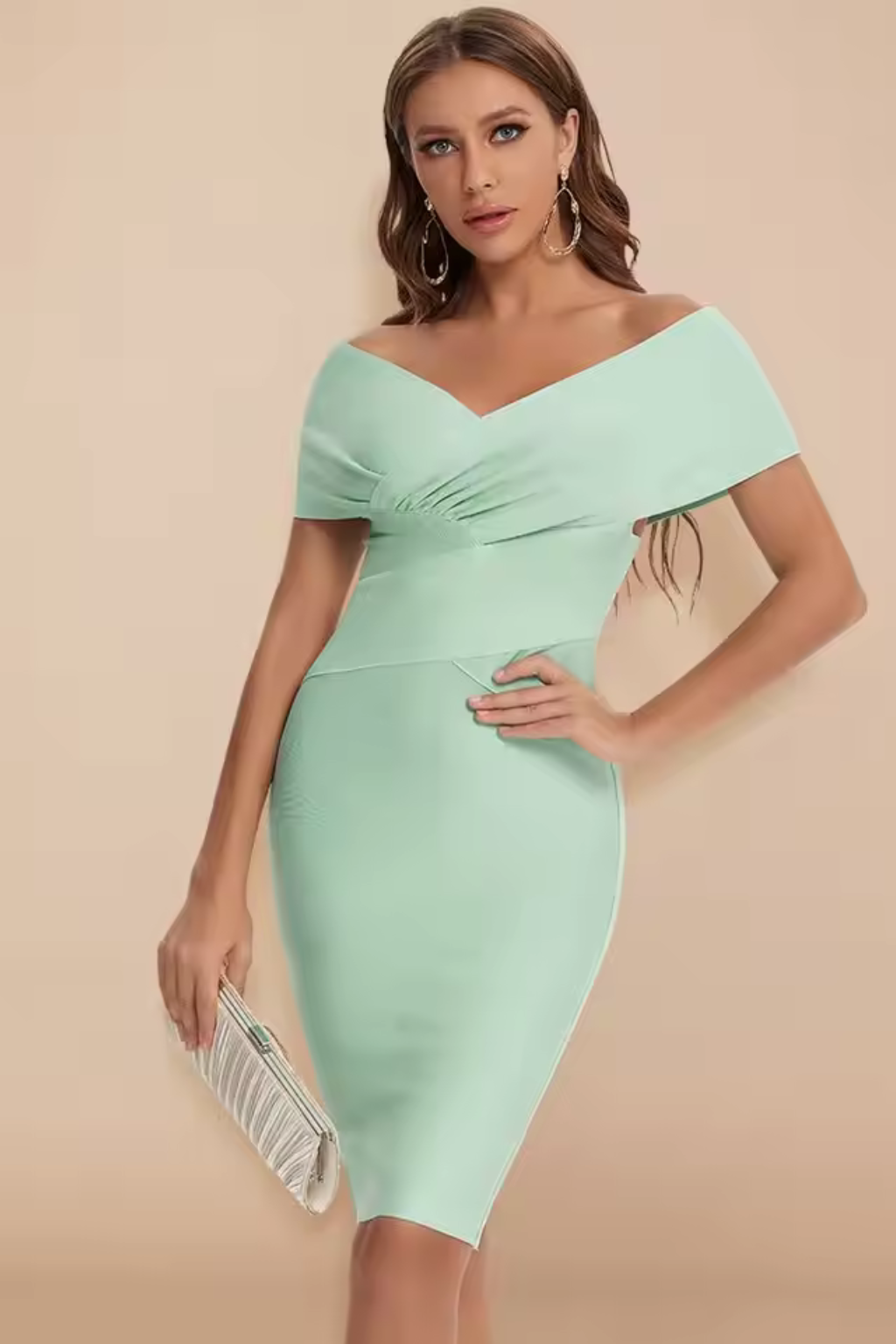 Elegant Formal Wedding Guest Dress for Women with Off Shoulder V-Neck Ruched Bodycon Midi Style