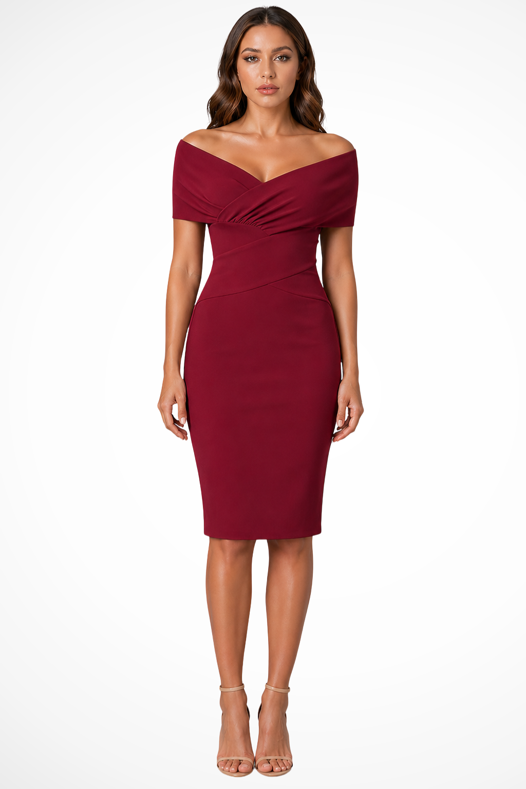 Elegant Formal Wedding Guest Dress for Women with Off Shoulder V-Neck Ruched Bodycon Midi Style