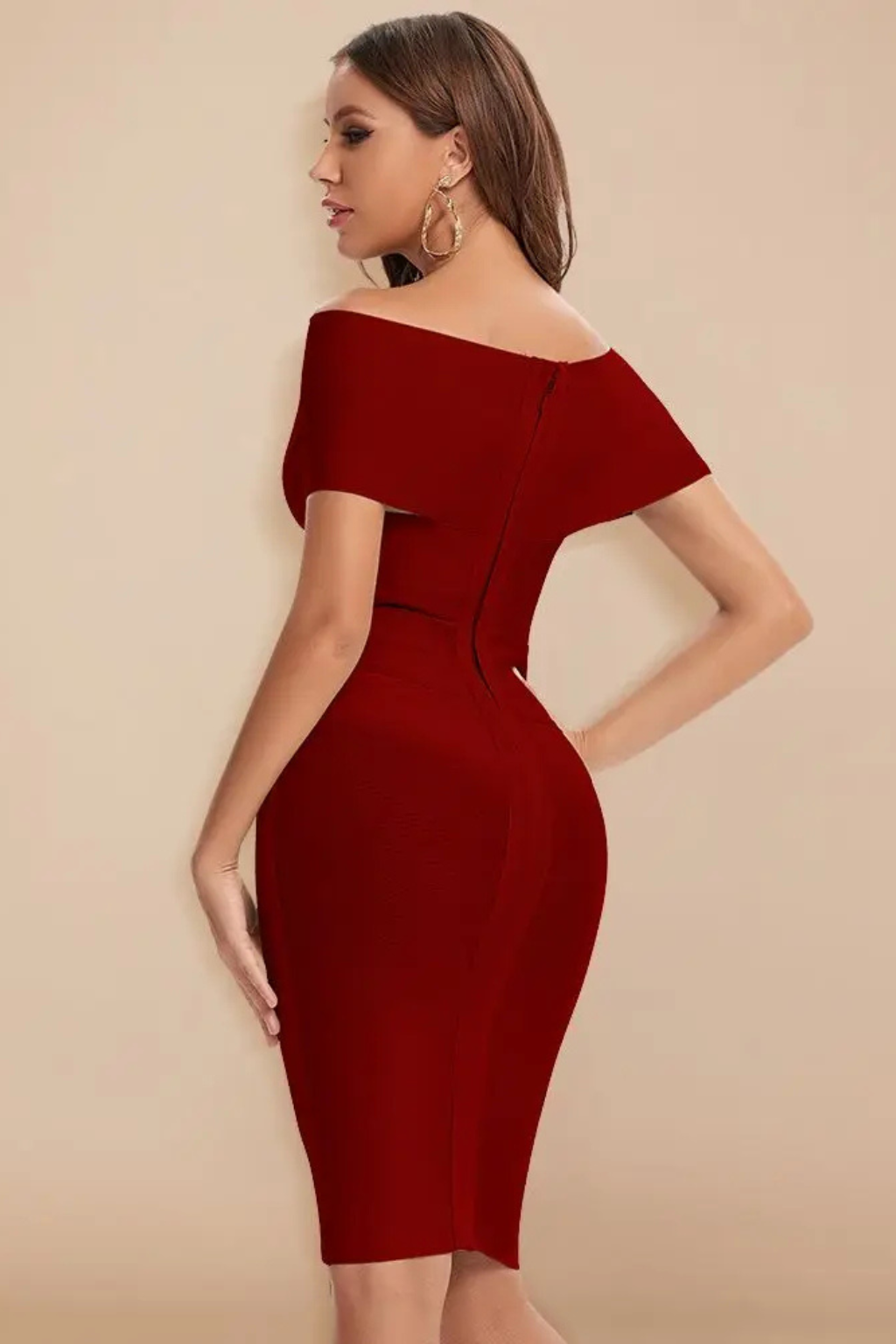 Elegant Formal Wedding Guest Dress for Women with Off Shoulder V-Neck Ruched Bodycon Midi Style