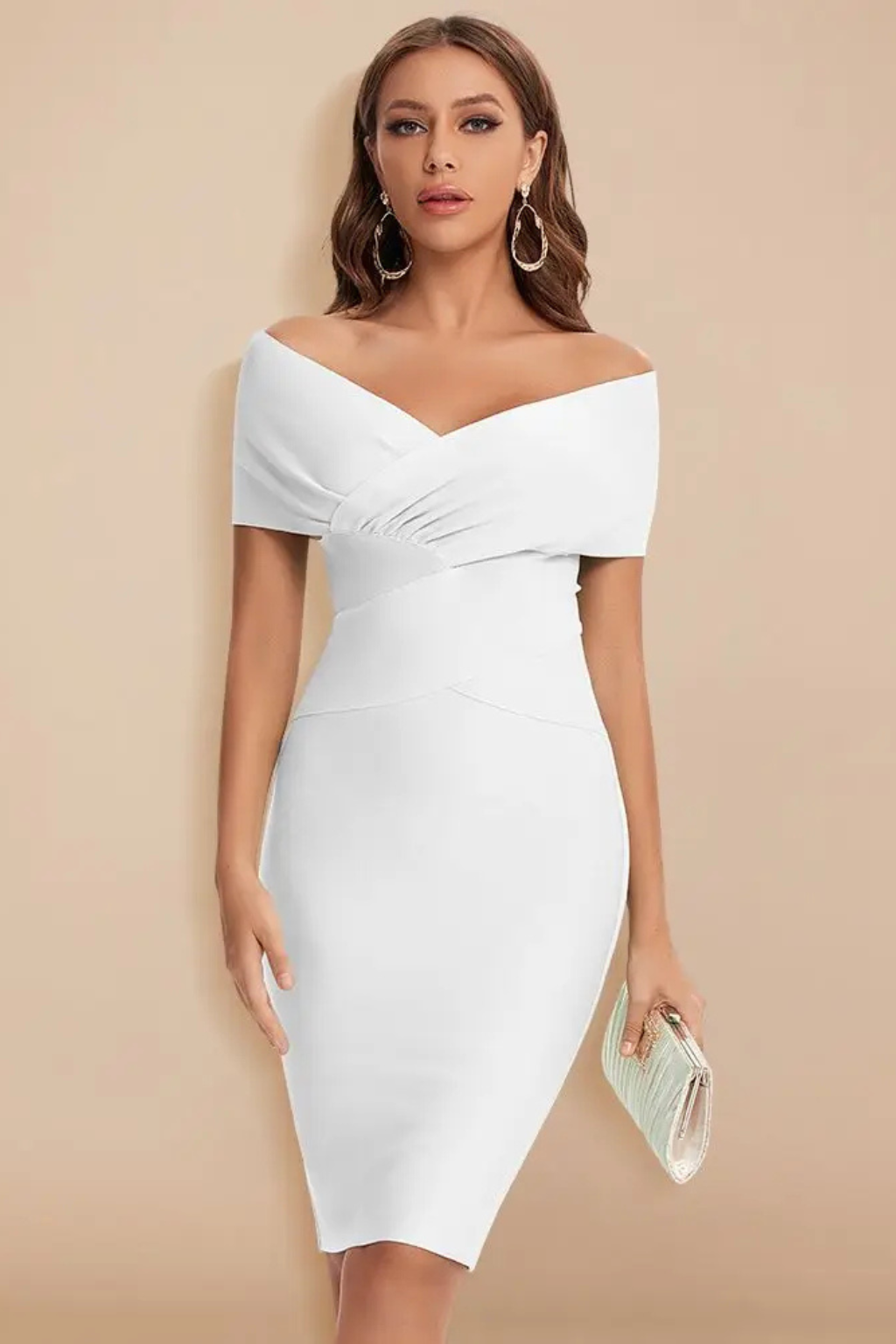 Elegant Formal Wedding Guest Dress for Women with Off Shoulder V-Neck Ruched Bodycon Midi Style
