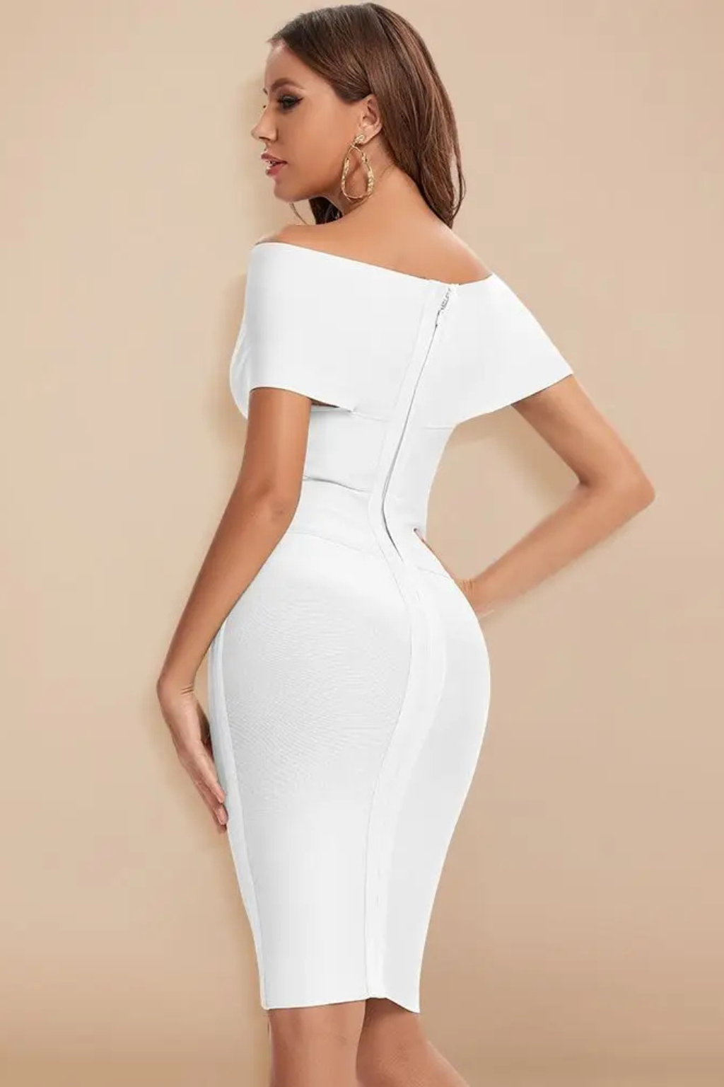 Elegant Formal Wedding Guest Dress for Women with Off Shoulder V-Neck Ruched Bodycon Midi Style