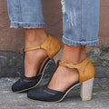 Comfortable Sandals for Women with T-Strap Ankle Buckle Two Tone Block Heel Orthopedic Leather Style
