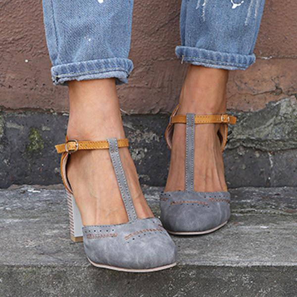 Comfortable Sandals for Women with T-Strap Ankle Buckle Two Tone Block Heel Orthopedic Leather Style