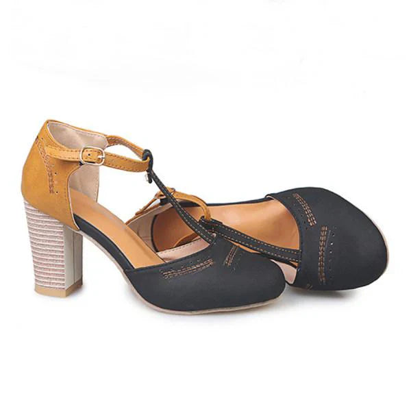 Comfortable Sandals for Women with T-Strap Ankle Buckle Two Tone Block Heel Orthopedic Leather Style