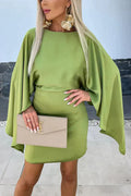 Elegant Cocktail Dress for Women with Crew Neck Batwing Sleeve Satin Bodycon Mini Party Style