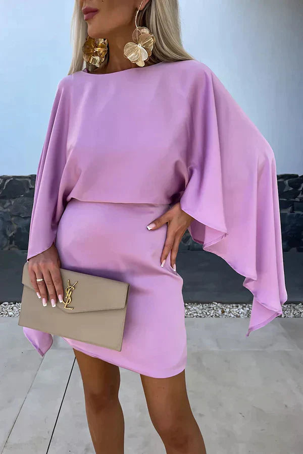 Elegant Cocktail Dress for Women with Crew Neck Batwing Sleeve Satin Bodycon Mini Party Style