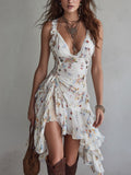 Effortless White Mini Dress for Women with V-Neck Spaghetti Strap Floral Print Ruched Casual Style