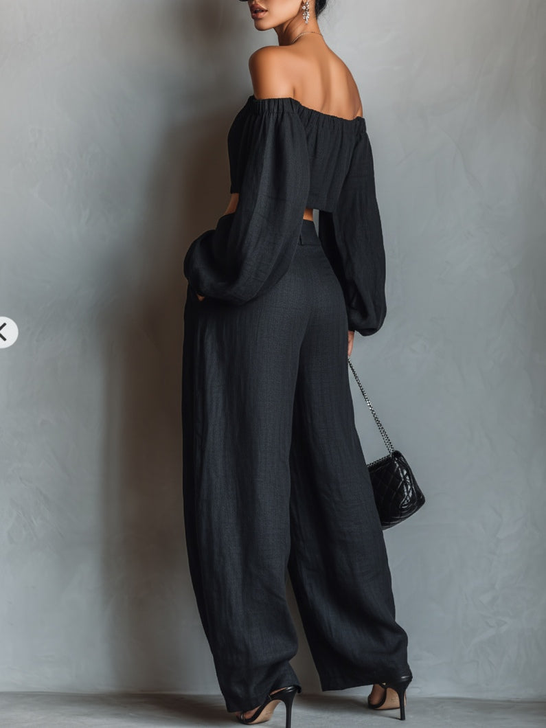 Stylish Black Two Piece Set for Women with Off Shoulder Crop Top Long Sleeve Wide Leg Pants Casual Style