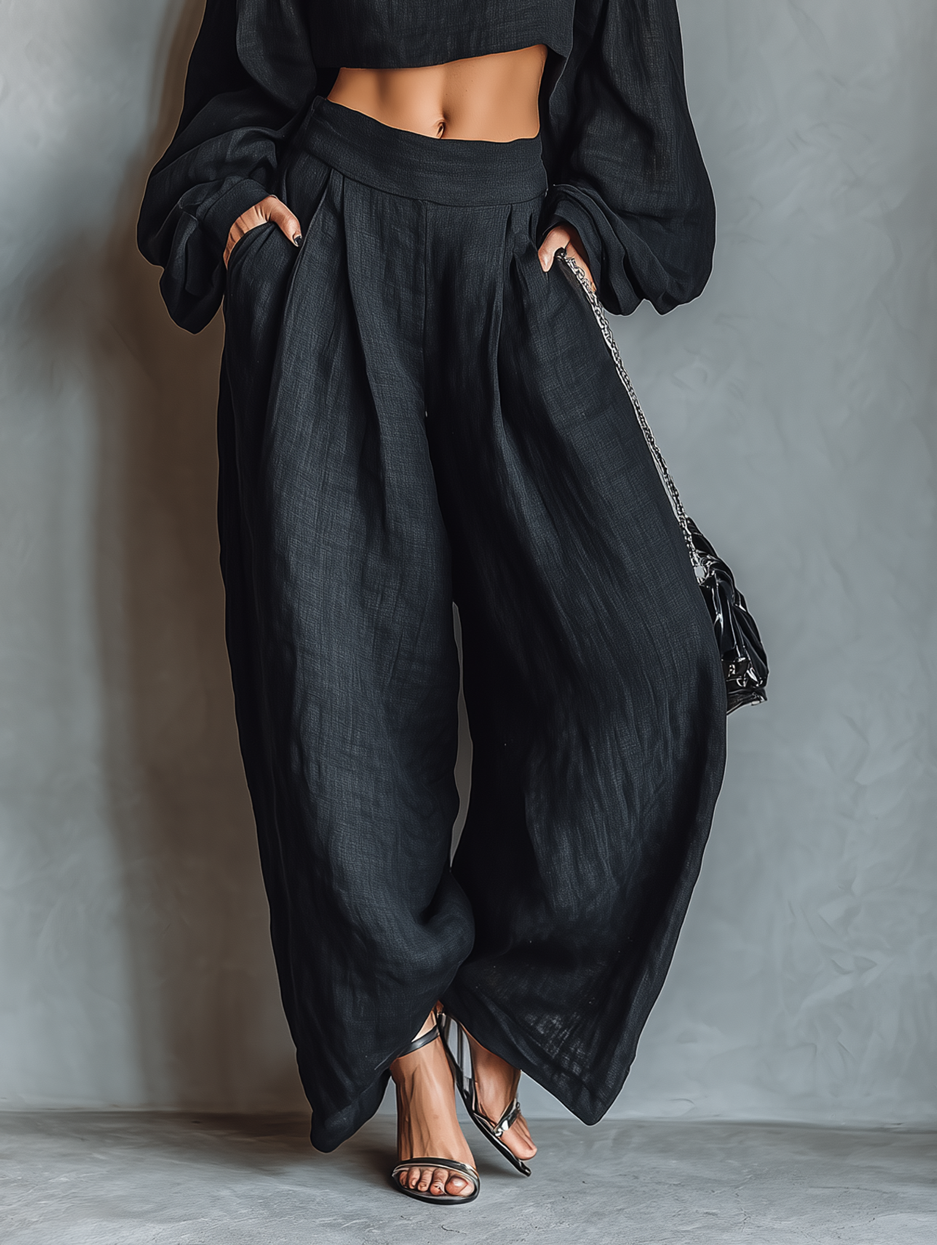 Stylish Black Two Piece Set for Women with Off Shoulder Crop Top Long Sleeve Wide Leg Pants Casual Style