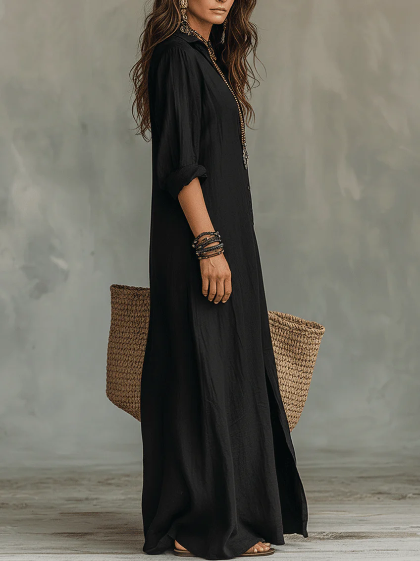 Effortless Shirt Dress for Women with Collar Button Down Long Sleeve Loose Fit Casual Maxi Style