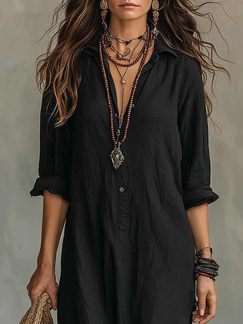 Effortless Shirt Dress for Women with Collar Button Down Long Sleeve Loose Fit Casual Maxi Style