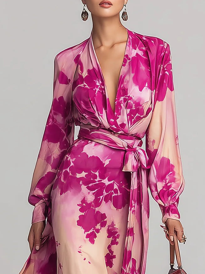 Elegant Pink Dresses for Women with Floral Print V-Neck Belted Wrap Long Sleeve Formal Maxi Style