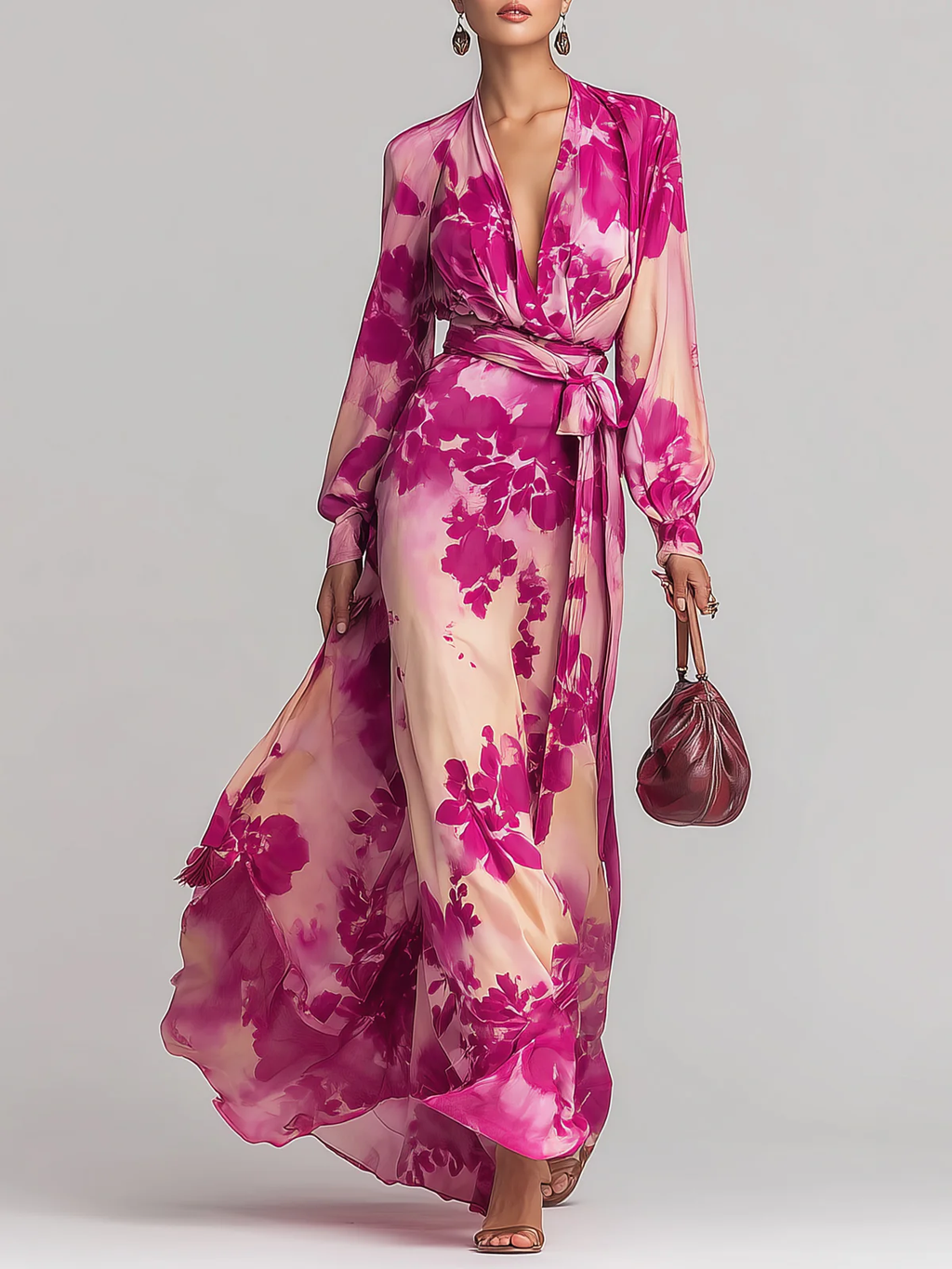 Elegant Pink Dresses for Women with Floral Print V-Neck Belted Wrap Long Sleeve Formal Maxi Style