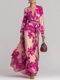 Elegant Pink Dresses for Women with Floral Print V-Neck Belted Wrap Long Sleeve Formal Maxi Style