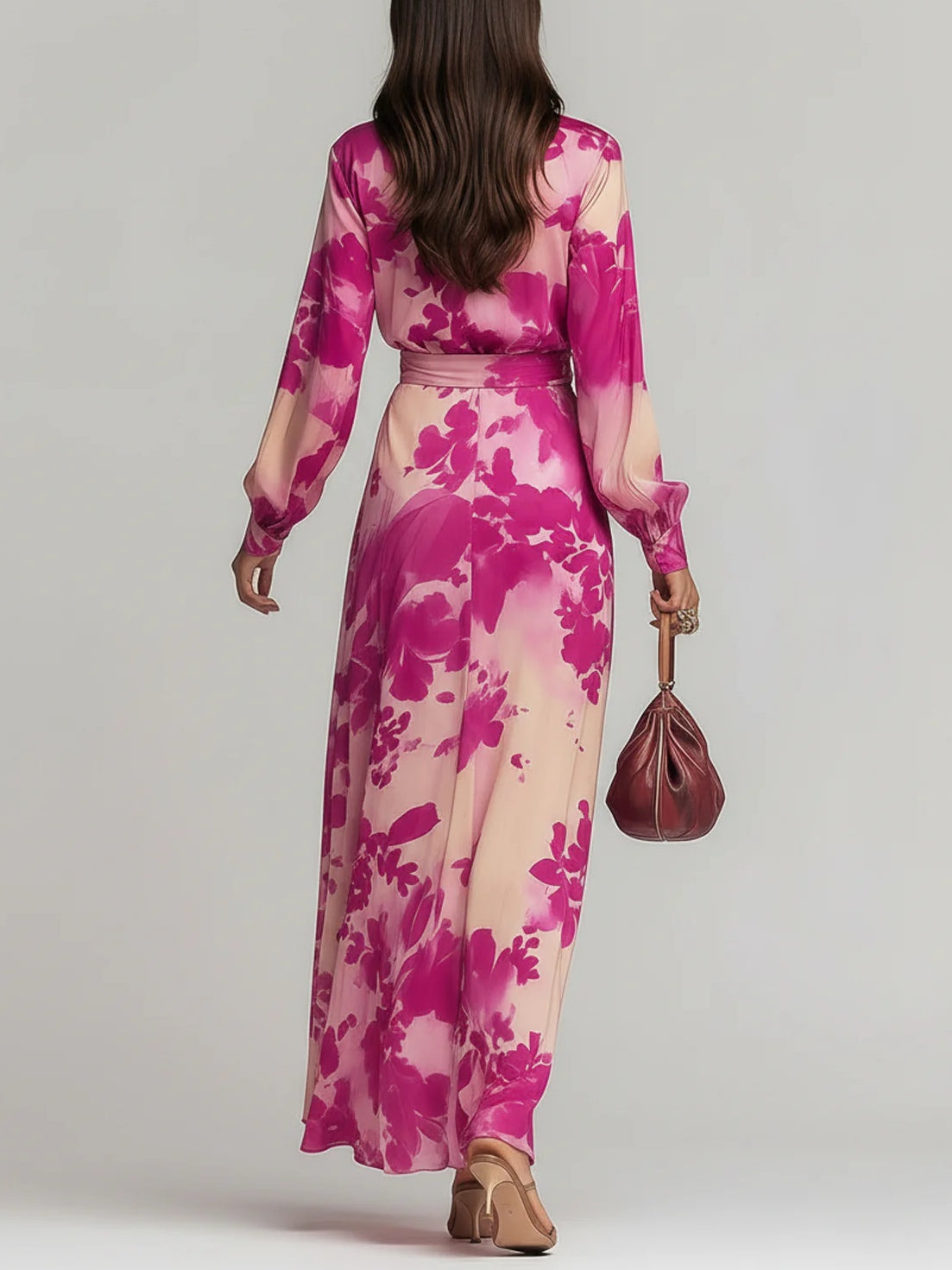 Elegant Pink Dresses for Women with Floral Print V-Neck Belted Wrap Long Sleeve Formal Maxi Style