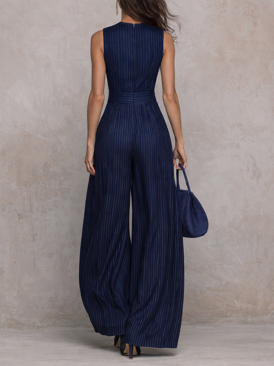 Elegant Jumpsuits for Women with Striped Keyhole Neck Sleeveless Wide Leg Belted Formal Style