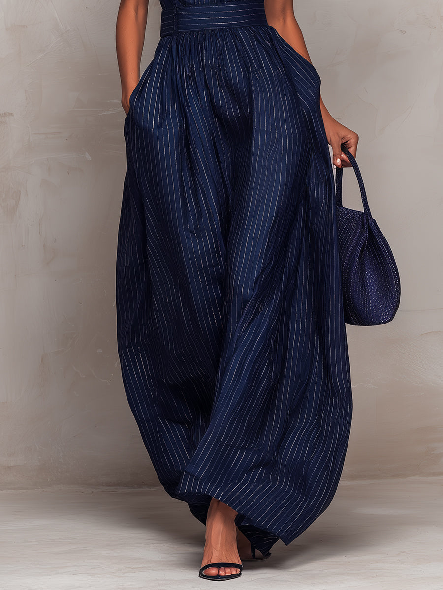 Elegant Jumpsuits for Women with Striped Keyhole Neck Sleeveless Wide Leg Belted Formal Style