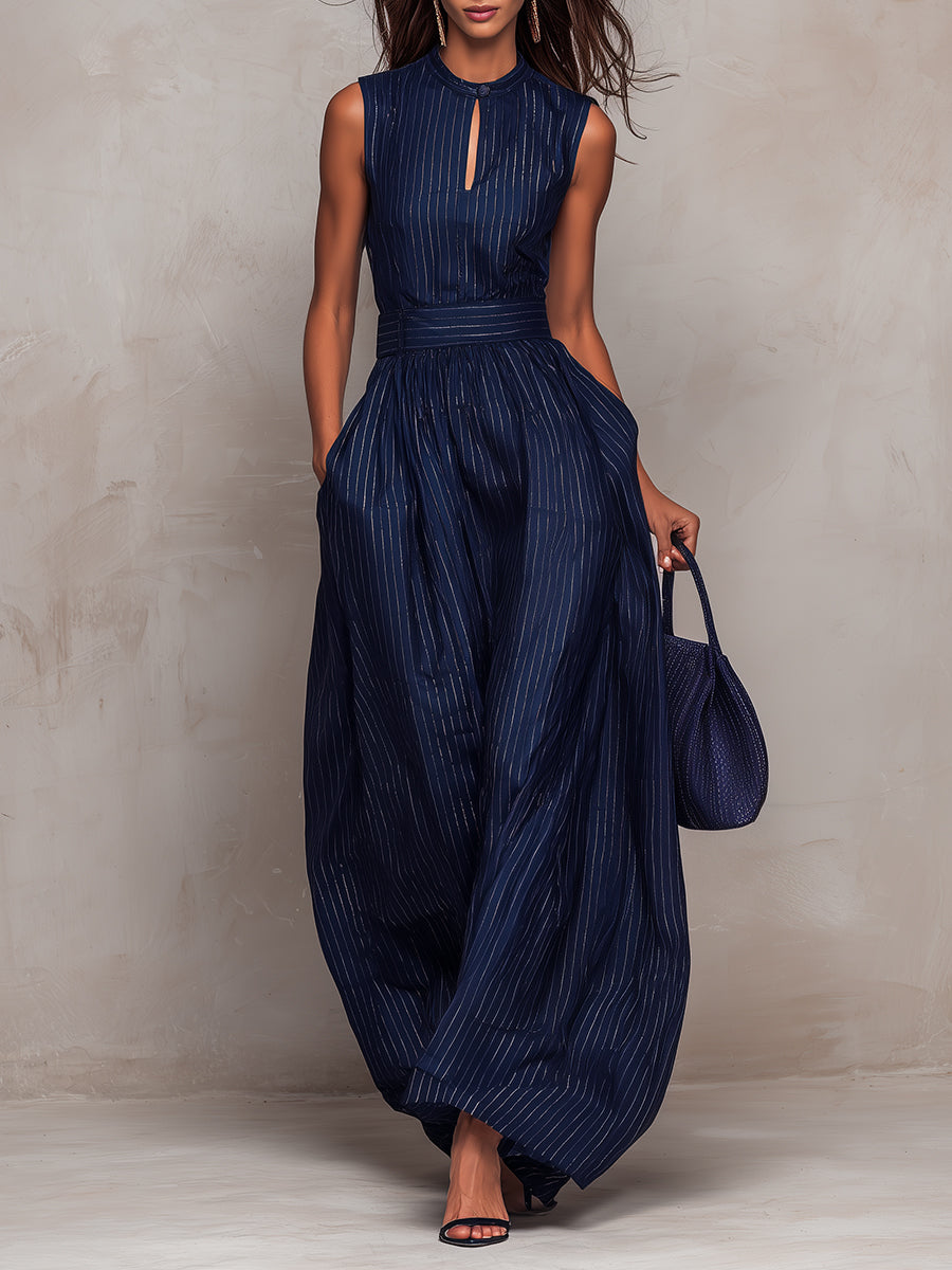 Elegant Jumpsuits for Women with Striped Keyhole Neck Sleeveless Wide Leg Belted Formal Style