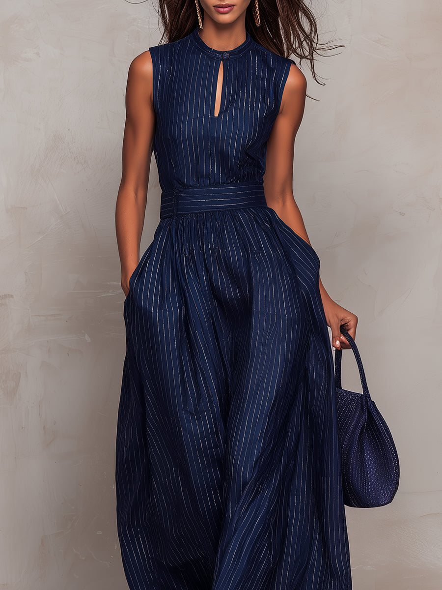 Elegant Jumpsuits for Women with Striped Keyhole Neck Sleeveless Wide Leg Belted Formal Style