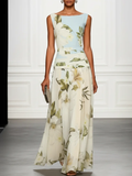 Elegant Maxi Dresses for Women with Floral Print Boat Neck Sleeveless Ruffle Waist Formal Wedding Guest Style