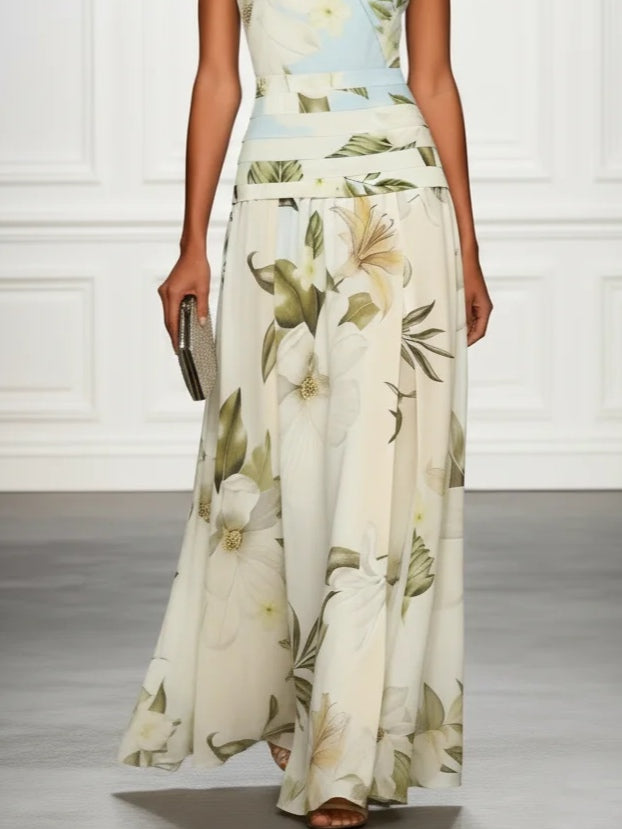 Elegant Maxi Dresses for Women with Floral Print Boat Neck Sleeveless Ruffle Waist Formal Wedding Guest Style