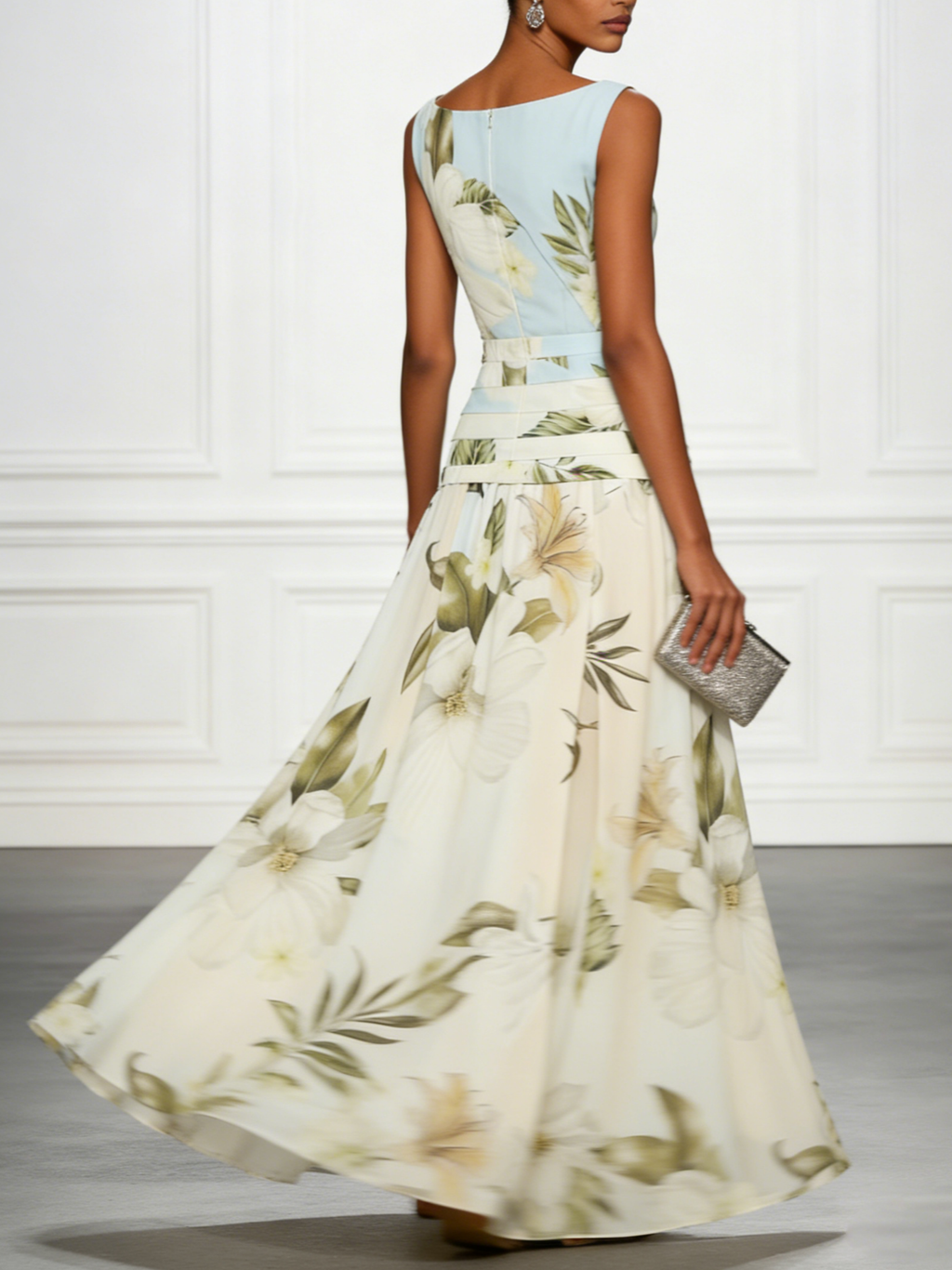Elegant Maxi Dresses for Women with Floral Print Boat Neck Sleeveless Ruffle Waist Formal Wedding Guest Style