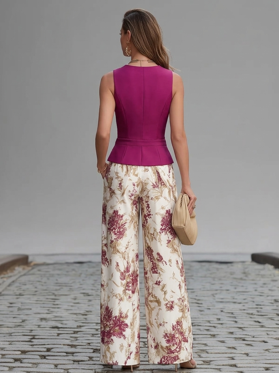 Elegant Pink Dresses for Women with Sleeveless Vest Blazer Floral Wide Leg Pants Two Piece Set Style
