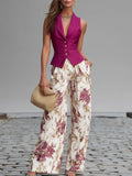 Elegant Pink Dresses for Women with Sleeveless Vest Blazer Floral Wide Leg Pants Two Piece Set Style