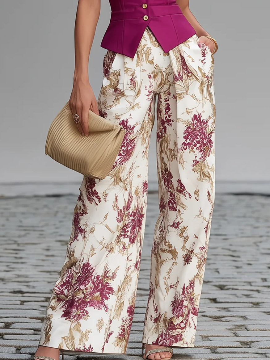 Elegant Pink Dresses for Women with Sleeveless Vest Blazer Floral Wide Leg Pants Two Piece Set Style