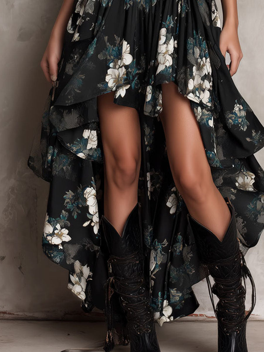 Elegant Black Dress for Women with V-Neck Spaghetti Strap Floral Print Hi Low Hem Maxi Formal Style