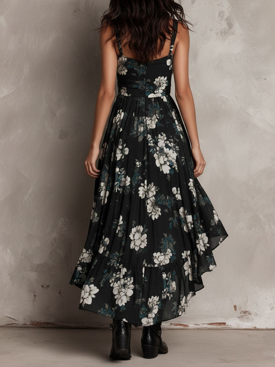 Elegant Black Dress for Women with V-Neck Spaghetti Strap Floral Print Hi Low Hem Maxi Formal Style