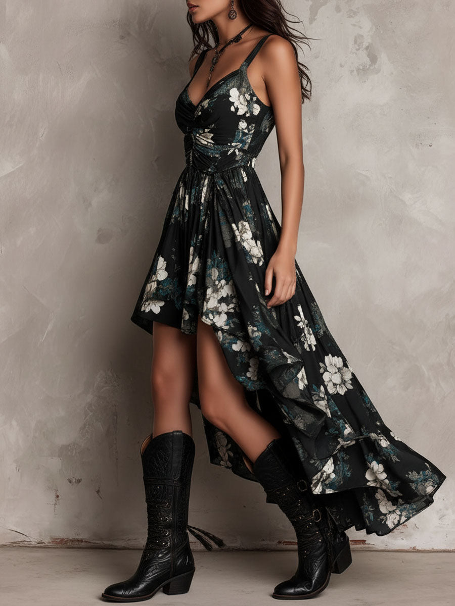 Elegant Black Dress for Women with V-Neck Spaghetti Strap Floral Print Hi Low Hem Maxi Formal Style