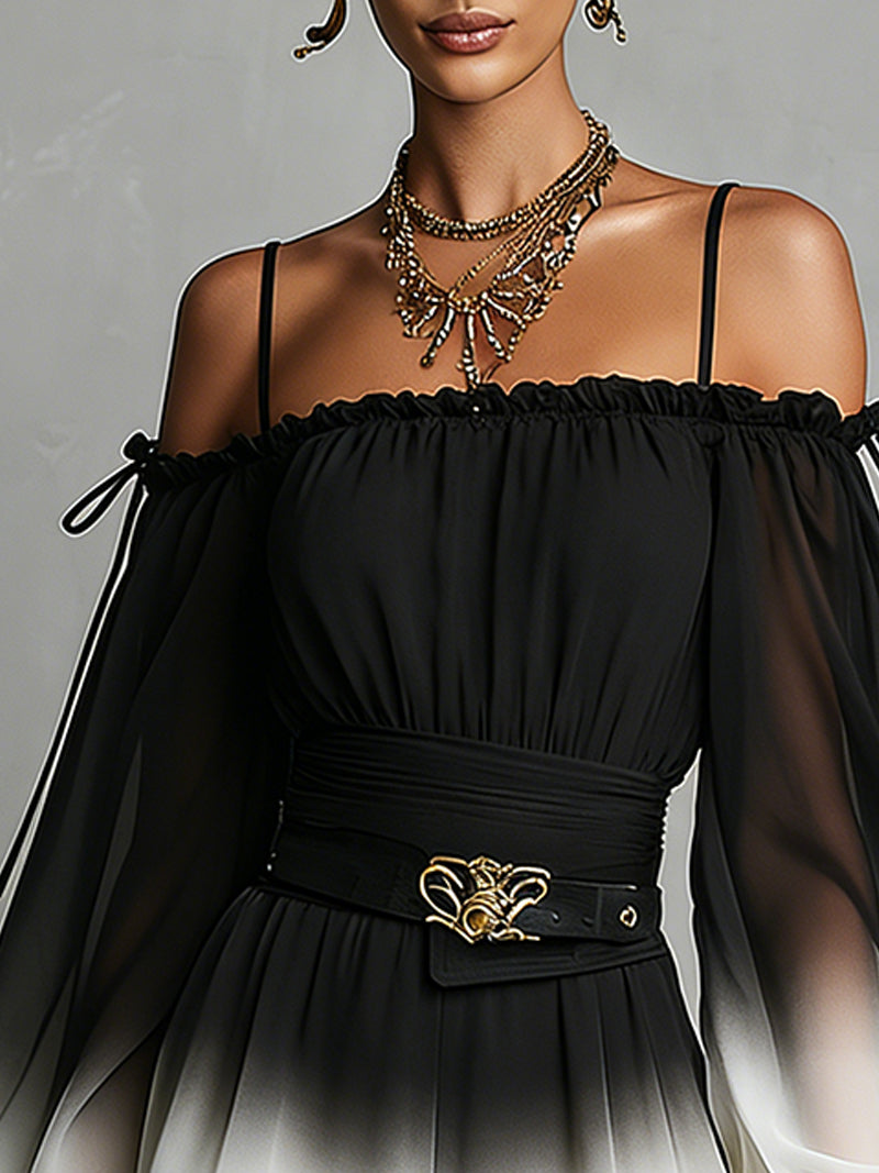 Elegant Jumpsuit for Women with Off Shoulder Balloon Sleeve Chiffon Gradient Belt Waist Formal Style