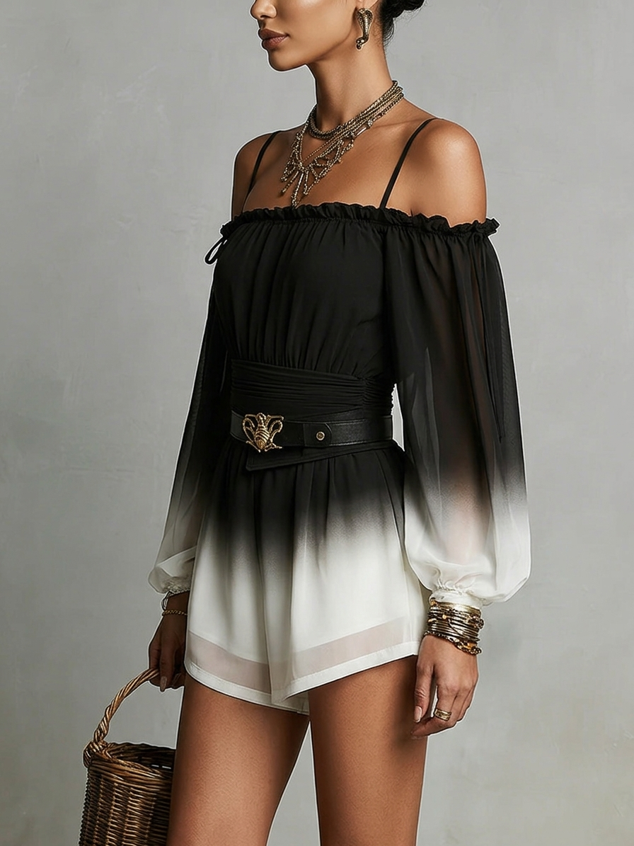Elegant Jumpsuit for Women with Off Shoulder Balloon Sleeve Chiffon Gradient Belt Waist Formal Style
