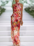 Elegant Red Dress for Women with Floral Chiffon Halter Neck Sleeveless Draped Bodycon Formal Maxi Style