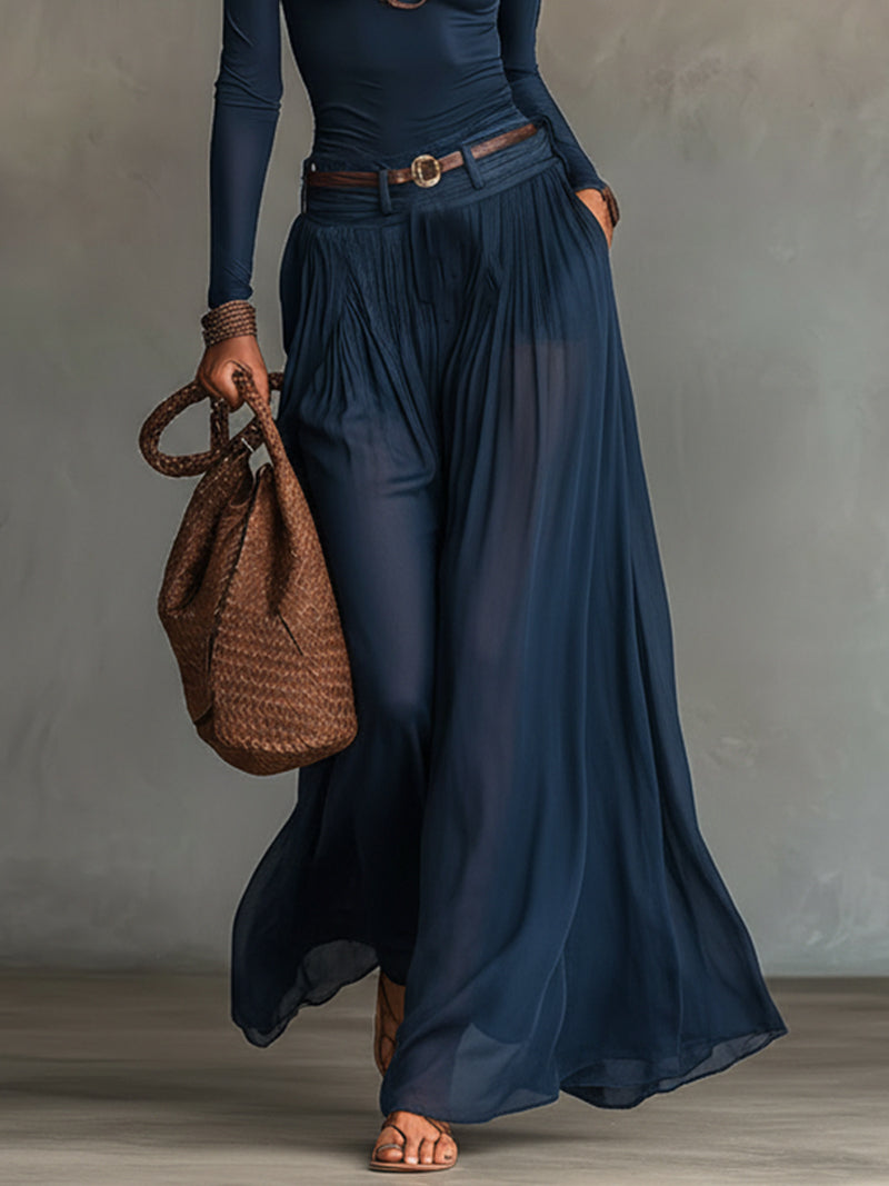 Elegant Two Piece Set for Women with One Shoulder Long Sleeve Top Sheer Tulle Maxi Skirt Belted Style