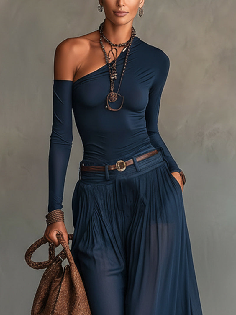 Elegant Two Piece Set for Women with One Shoulder Long Sleeve Top Sheer Tulle Maxi Skirt Belted Style
