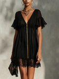 Elegant Black Dress for Women with Gold Zip V-Neck Ruffle Sleeve Lace Trim Mini Chiffon Style