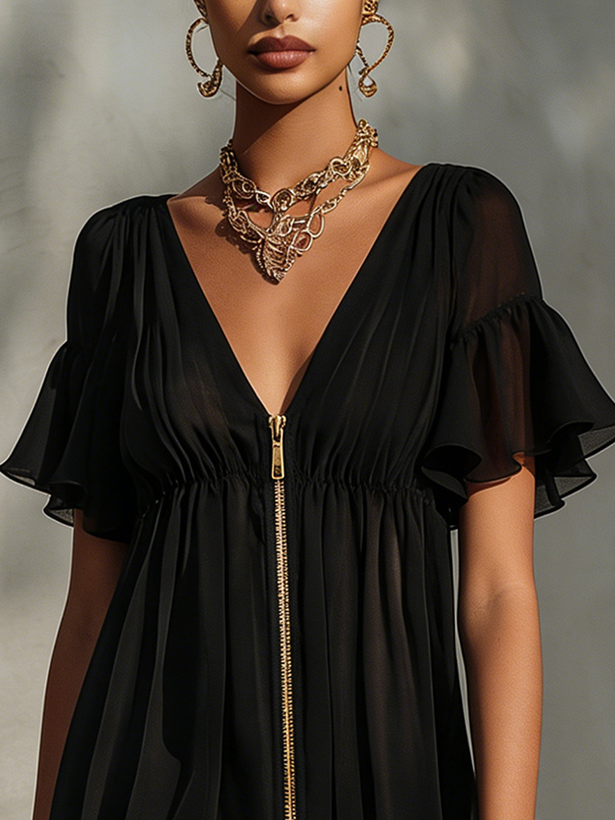Elegant Black Dress for Women with Gold Zip V-Neck Ruffle Sleeve Lace Trim Mini Chiffon Style