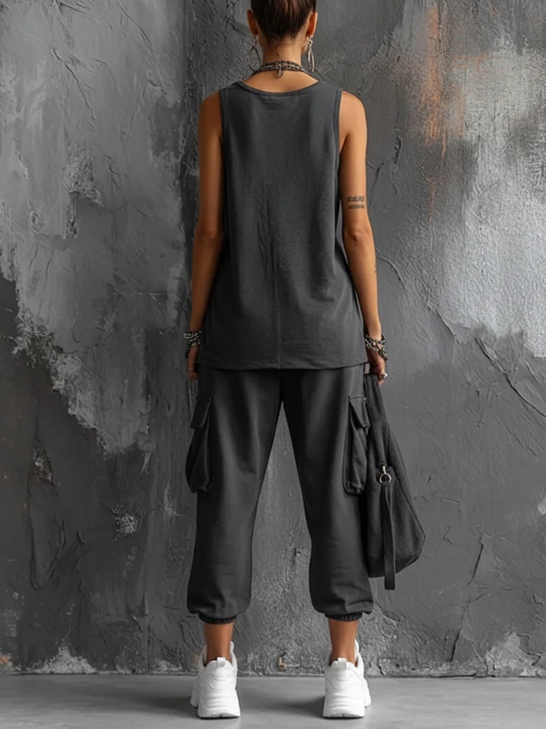 Stylish Two Piece Set for Women with Sleeveless Vest Tank Top Cargo Jogger Pants Casual Streetwear Style