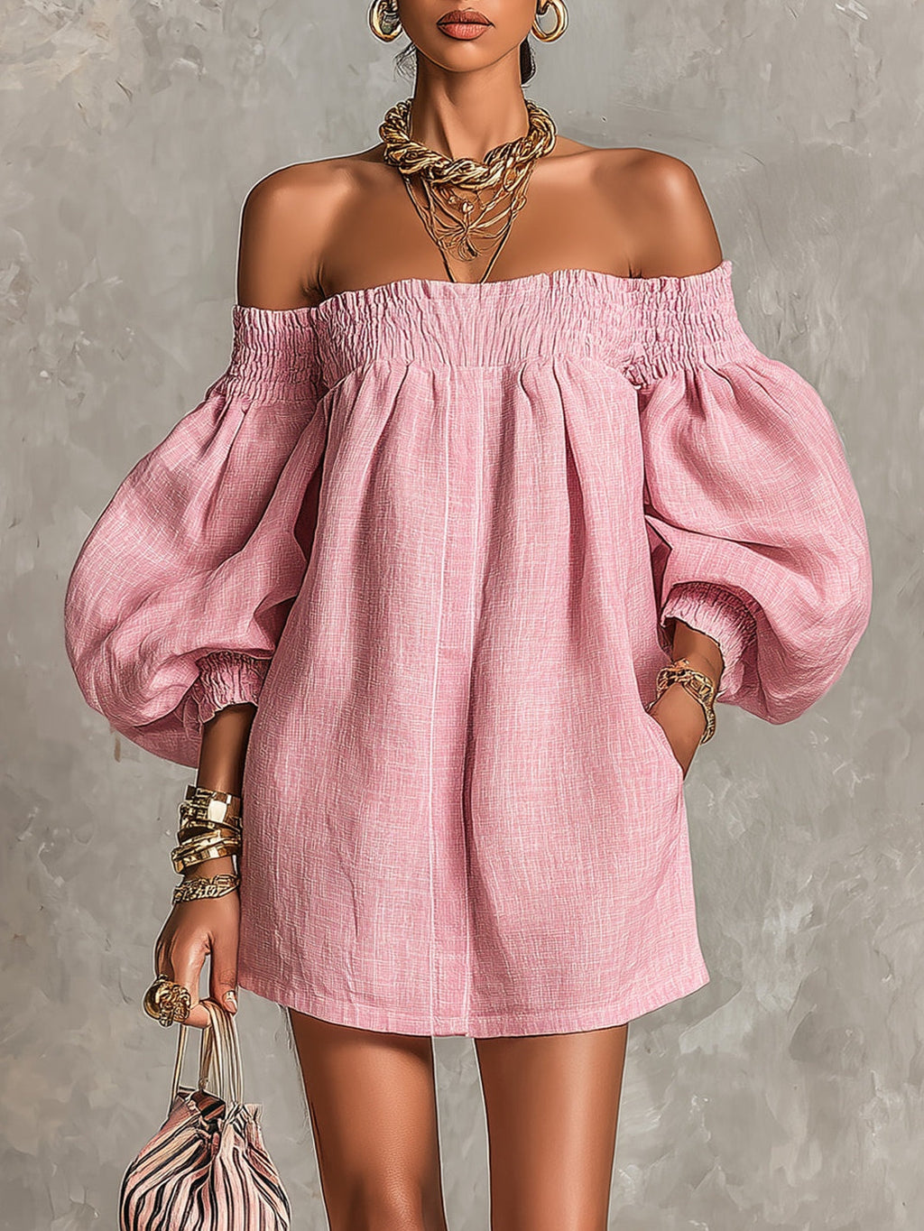 Effortless Pink Dress for Women with Off Shoulder Lantern Sleeve Smocked Waist Loose Mini Style