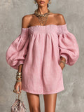 Effortless Pink Dress for Women with Off Shoulder Lantern Sleeve Smocked Waist Loose Mini Style