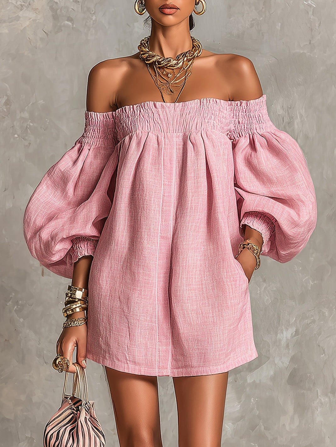 Effortless Pink Dress for Women with Off Shoulder Lantern Sleeve Smocked Waist Loose Mini Style